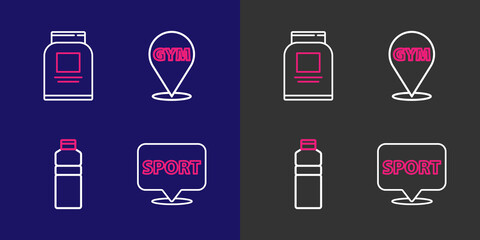 Poster - Set line Location gym, Fitness shaker, and Sports nutrition icon. Vector