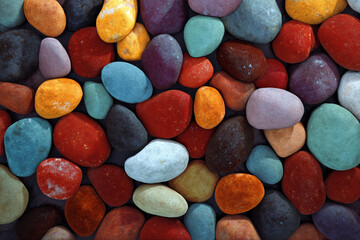 Poster - Close-up of colorful smooth stones, various shades and textures, creating a natural and calming visual, representing balance, serenity, and nature's beauty