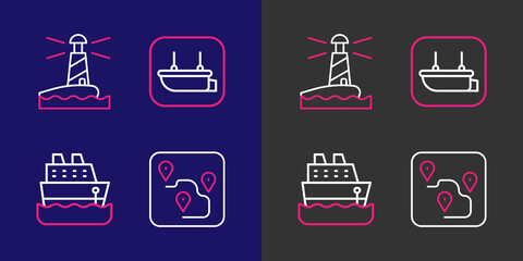 Poster - Set line Route location, Cruise ship, Lifeboat and Lighthouse icon. Vector