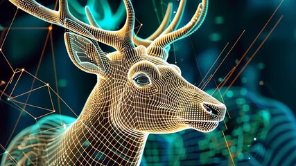 Poster - Artistic representation of a majestic deer in a digital forest made of light, showcasing nature's beauty through technology Generative AI
