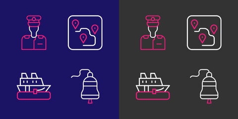 Poster - Set line Ship bell, Cruise ship, Route location and Captain of icon. Vector