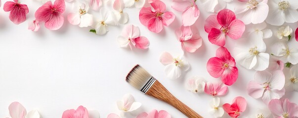 Poster - Paintbrush lying on white background with pink and white flower petals decoration
