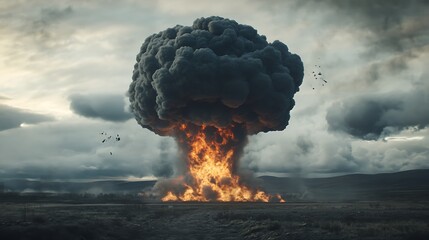 nuclear explosion over open field under dramatic sky catastrophic event