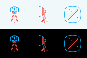Poster - Set line Exposure compensation, Photo camera and Softbox light icon. Vector