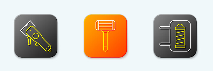 Poster - Set line Electrical hair clipper, Shaving razor and Barber shop pole icon. Vector