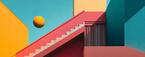 Aufkleber - Colorful minimalist architecture with stairs and a floating sphere