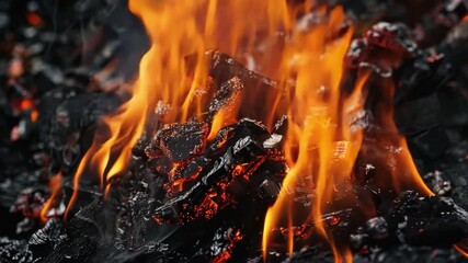Poster - Burning firewood and vibrant flames create mesmerizing display of glowing embers, showcasing warmth and energy of heat in captivating orange and red hues.