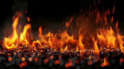 Poster - Vibrant flames dance in orange and red hues, creating mesmerizing display of heat and glowing embers against dark background, evoking warmth and intensity.