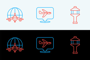 Poster - set line airport control tower, globe with flying plane and plane icon. vector