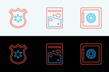 Poster - Set line Safe, Police badge and Plastic bag of drug icon. Vector