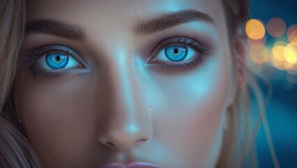 Poster - Captivating close-up of a person with striking blue eyes illuminated by soft background lights during twilight