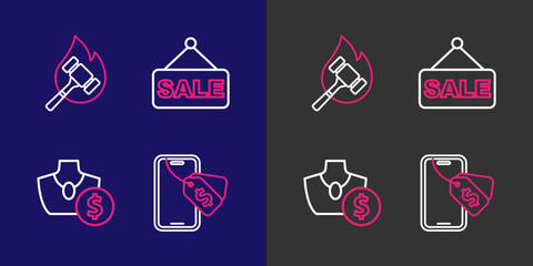 Poster - Set line Online auction, Auction jewelry sale, Price tag with Sale and hammer icon. Vector