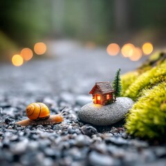 Poster - A Snail's Journey: An Illuminated Miniature Cabin Stands Awaiting by a mossy rock with magical warm glow.