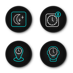Poster - set line clock, time zone clocks, alarm app mobile and moon and stars icon. vector