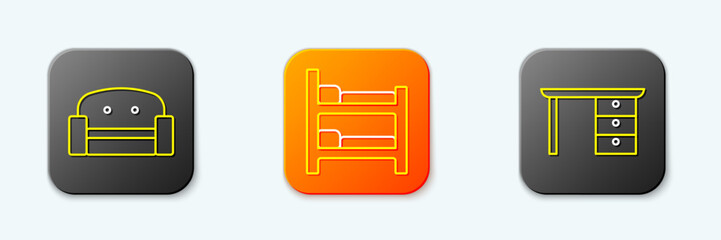 Poster - Set line Armchair, Bunk bed and Office desk icon. Vector