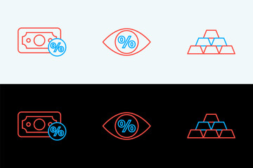 Poster - Set line Gold bars, Money percent and Eye with icon. Vector