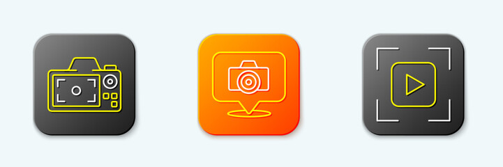 Poster - set line photo camera, and camera focus frame line icon. vector