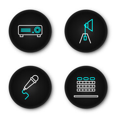 Poster - Set line Cinema auditorium with seats, Microphone, Movie spotlight and Movie, film, media projector icon. Vector