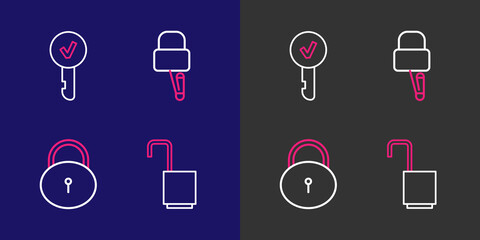 Poster - Set line Open padlock, Lock, picks for picking and Key icon. Vector
