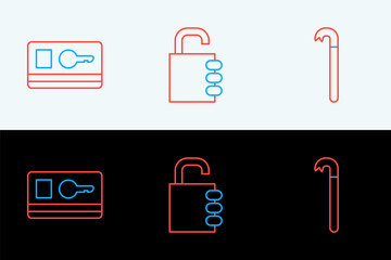 Poster - Set line Crowbar, Key card and Safe combination lock icon. Vector