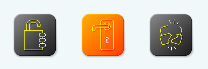 Poster - Set line Safe combination lock, Door handle and Broken cracked icon. Vector