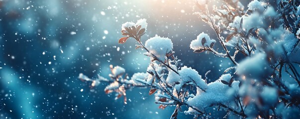 Poster - Snow falling on branches covered with snow on sunny winter day