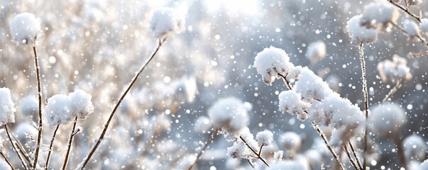 Poster - Snow falling on plants covered in fresh snow on sunny winter day