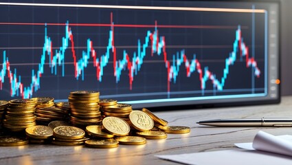 Poster - Financial analysis showing fluctuating market trends with gold coins and a pen on a wooden desk