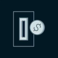 Poster - Line Hand inserting coin to a slot on a vending machine or arcade machine icon isolated on black background. Flat filled outline style with shadow. Vector