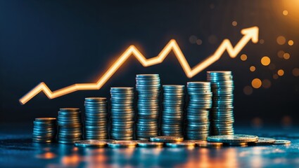 Poster - Financial growth represented by stacks of coins and an upward trend line in a dark setting, illustrating economic progress