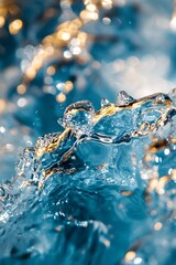 Poster - Clear blue water splashing with golden bokeh highlights