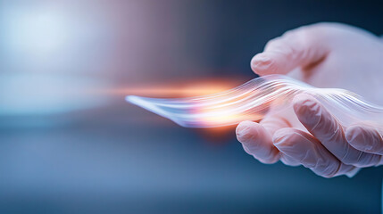 Poster - Innovative technology hand gesture displaying light waves digital environment close-up view modern concept