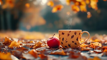 Poster - Steaming cup of hot drink and red apple resting on autumn leaves in the forest
