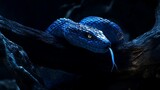 Blue Snake Resting on Branch with Tongue Out in Dark Nature