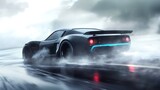 Sleek Sports Car Drifting on Wet Asphalt Road Under Stormy Sky
