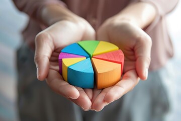 Poster - Hands holding a colorful wooden pie chart, symbolizing business growth and data analysis