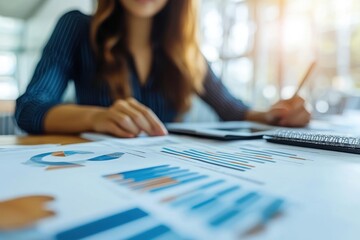 Poster - Business professional analyzing graphs and charts in a modern office setting during the day