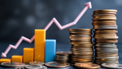 Poster - Coins stacked next to a bar graph and line chart illustrating financial growth and investment trends