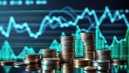 Poster - Stacks of coins in front of financial graphs displaying market trends and analysis data during trading hours