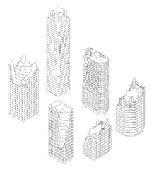 Poster - The image is a drawing of six tall ruined buildings, each with a unique design. The buildings are all different heights and shapes, creating a sense of variety and diversity. Isometric view. 3D