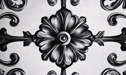 Aufkleber - black and white floral damask pattern repeating on a textured wall