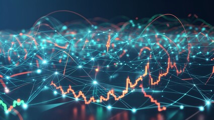 Poster - Complex data visualization illustrates network connections and market trends in a futuristic digital landscape