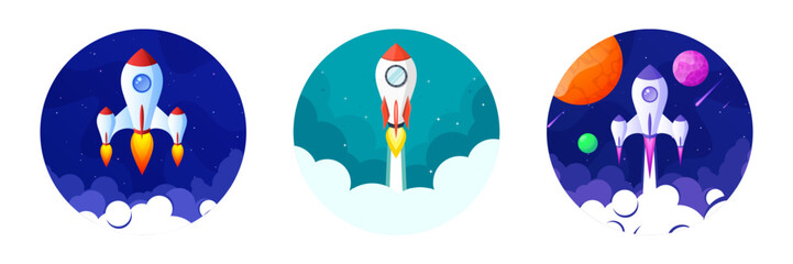 Wall Mural - Rocket launch, space futuristic colorful background with planets and stars. Cartoon starship, spaceship in night sky. Solar system, galaxy and universe exploration. Vector illustration
