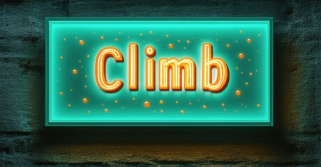 Aufkleber - Bright neon sign displays word Climb. Turquoise rectangle with orange lettering, dots surround text. Dark textured wall background.