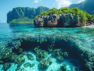 Wall Mural - tropical island with dramatic rocky cliffs and crystal clear waters teeming with marine life