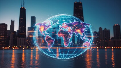 Poster - Digital globe overlaying city skyline at dusk with vibrant colors reflecting on water