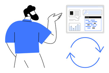 Poster - Man gesturing at screen displaying analytics with graphs, text, and search bar. Circular arrow emphasizes process. Ideal for data analysis, presentation, update process, marketing, SEO progress