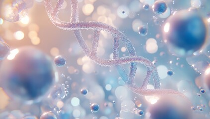Aufkleber - DNA Double Helix Surrounded by Cells with Blue Background and Bokeh Effect for Scientific Illustration