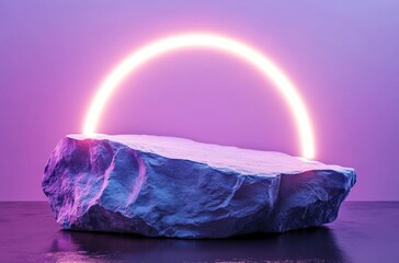 Poster - Illuminated Stone Podium for Product Presentation with Neon Arch in a Modern Background