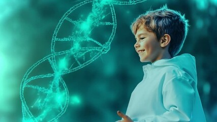 Poster - Child interacts with glowing DNA strands in a futuristic bioengineering landscape